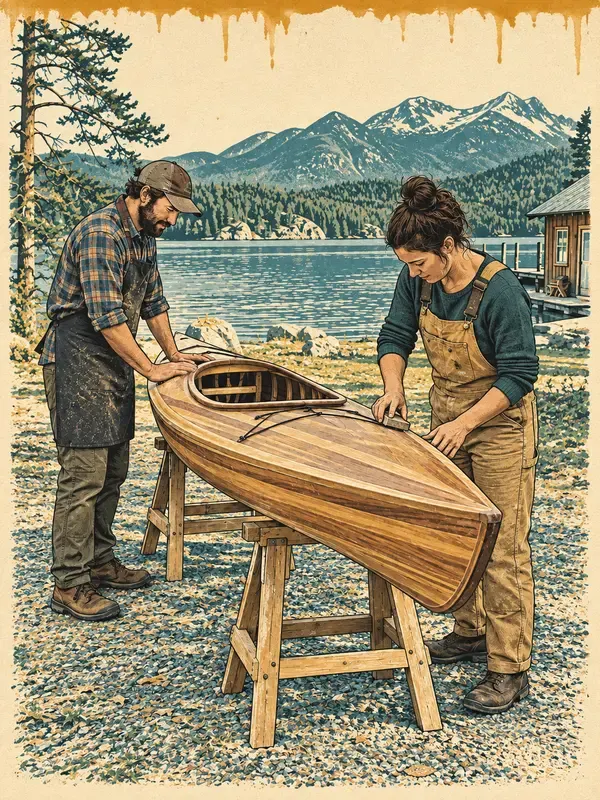 Two adults repairing a kayak in the Drip Canopy style