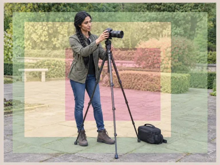 An adult photographer adjusting a camera on a tripod in the Nested Exposures style