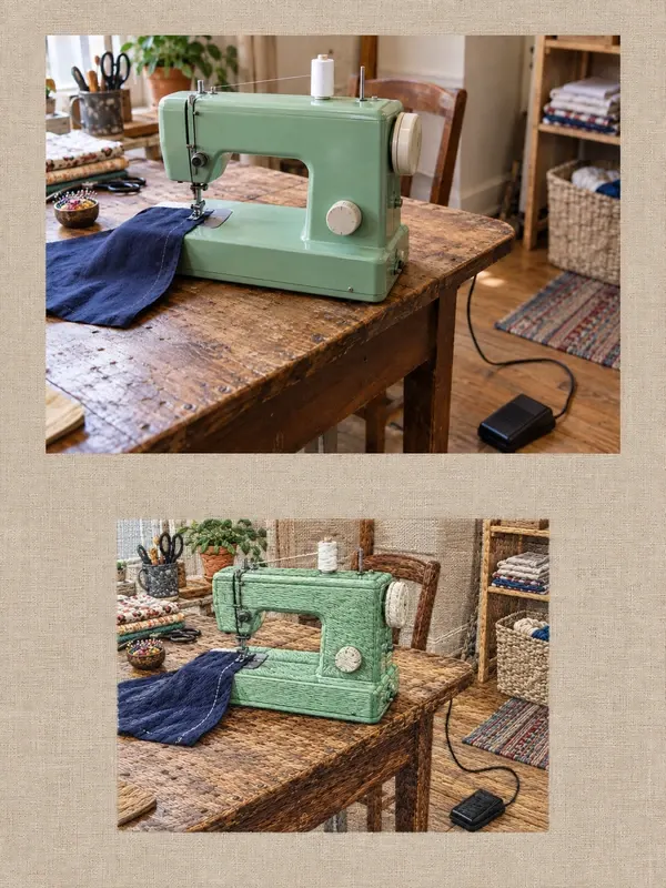 Mechanical sewing machine and connected foot pedal in the Stitched Counterpart style