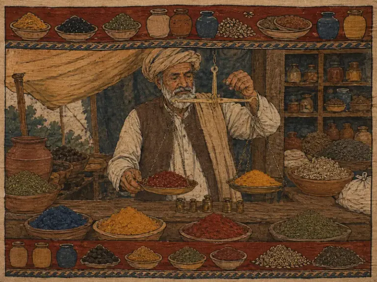 Spice merchant weighing spices in the Kalamkari Scroll style