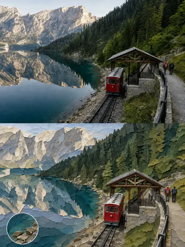 Funicular beside a lake in the Torn Paper Study style