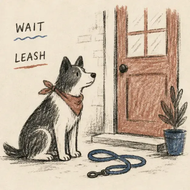 Dog waiting beside a door in the Pencil Story style