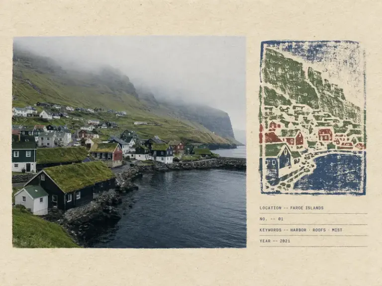 Mist-covered fishing village in the handmade Field Imprint composition