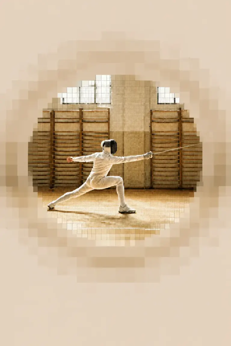 Fencer lunging across a sunlit training hall in the Pixel Portal style