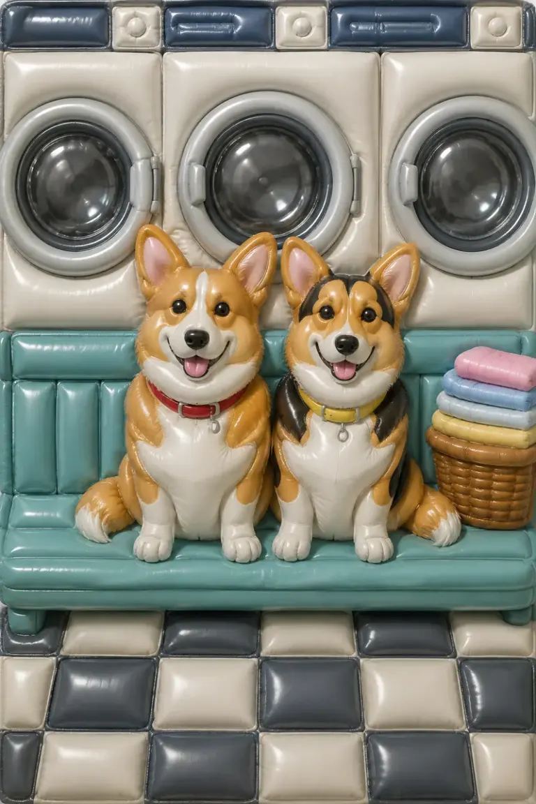 Two corgis inside a laundromat in the Puff Form style