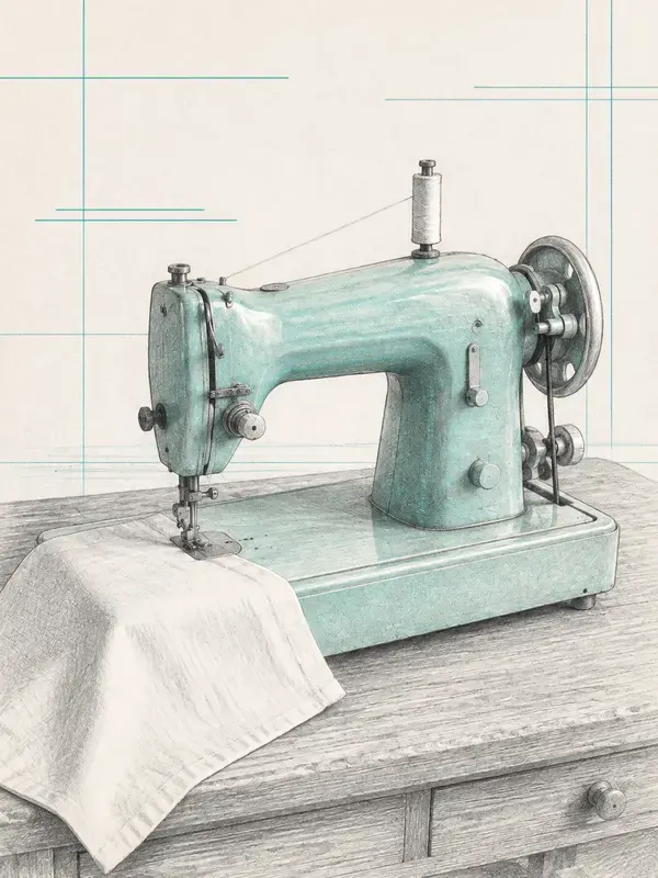 Sewing machine with cloth in the Teal Register style