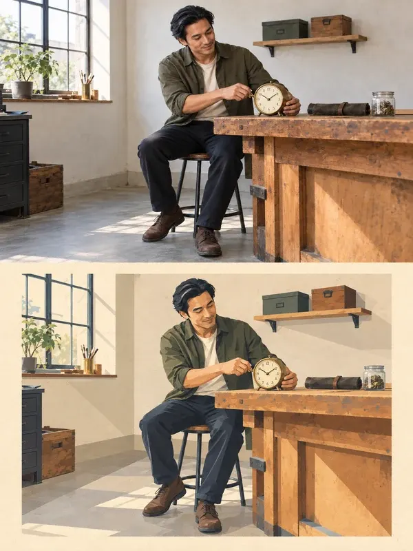 Adult clockmaker winding a brass table clock in the Planar Counterpart style