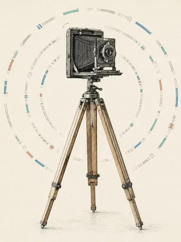 Bellows camera on a wooden tripod in the Wire Rosette style