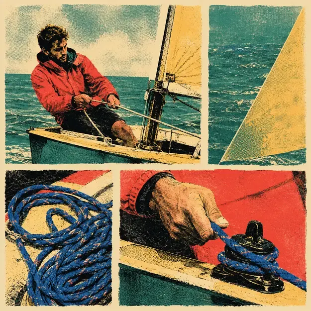 Sailor trimming a sail in the Four Color Noise style