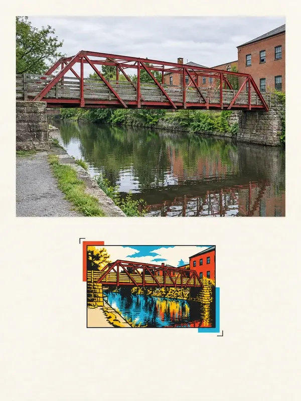 Steel truss bridge over a canal in the Mini Poster style