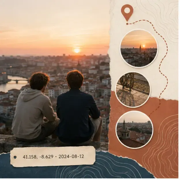 City overlook at sunset in the Travel Pins style