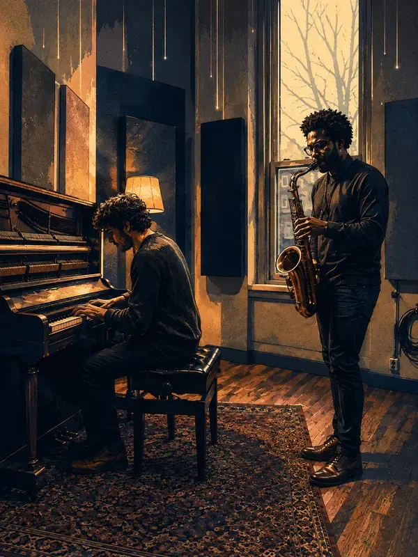 Pianist and saxophonist performing together in the Falling Glints style