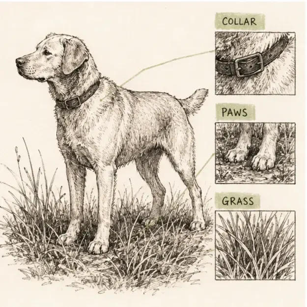 Dog standing in grass in the Detail Ledger style