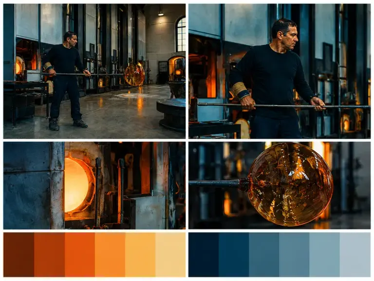 Glassblower holding an amber vessel in the Spectral Board style