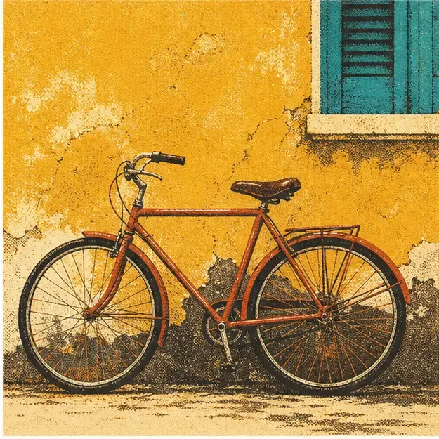 Red bicycle against a wall in the Palm Print style