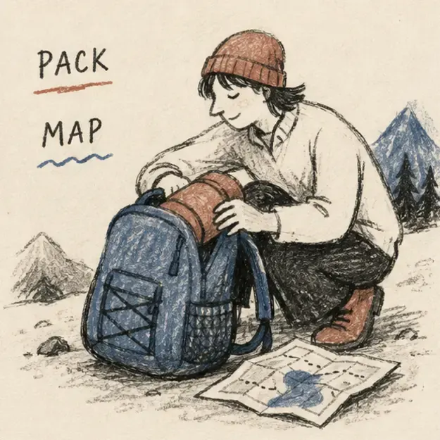 Traveler packing a backpack in the Pencil Story style
