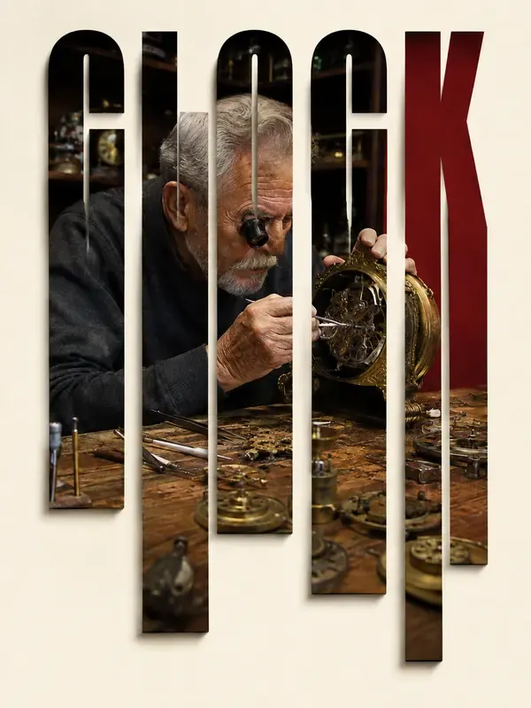 Watchmaker repairing a clock in the Letterfall style