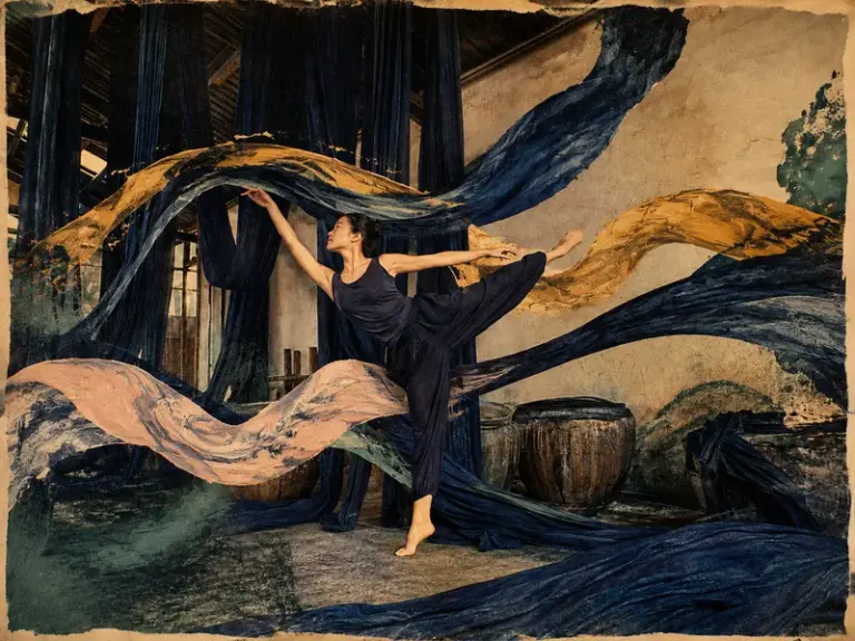 Dancer posing among flowing indigo cloth in the Indigo Current style