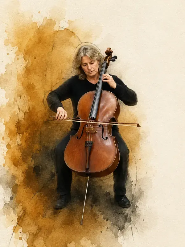 Cellist in a rehearsal room in the Ochre Reverie style
