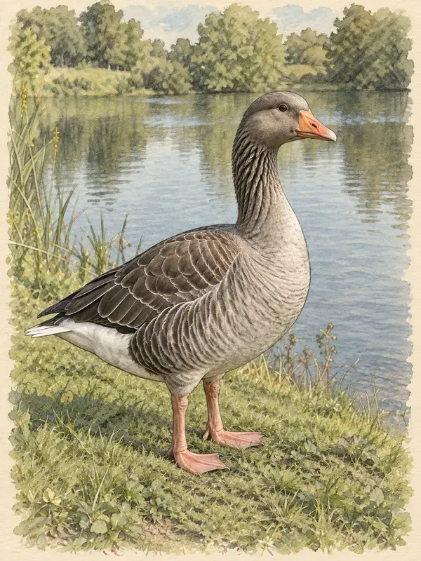 Goose at a pond edge in the Moss Sketch style