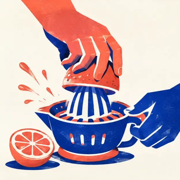 Hand juicing citrus in the Action Shapes style