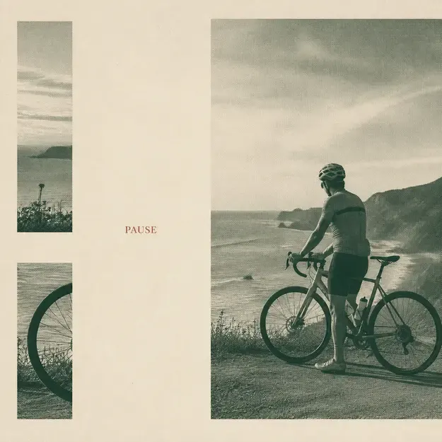 Cyclist pausing above the coast in the Quiet Editorial style