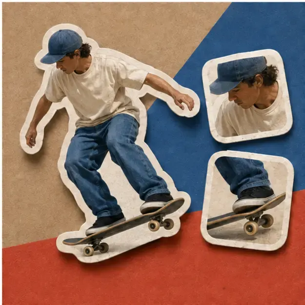 Skateboarder in the Sticker Stack style