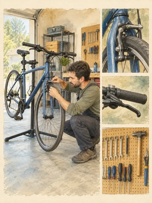 Mechanic adjusting a bicycle in the Companion Folio style