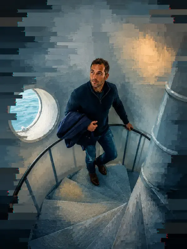 Lighthouse keeper on a spiral stair in the Signal Scaffold style