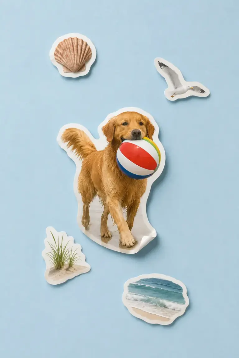 Golden retriever carrying a striped beach ball in the Sticker Swoop style