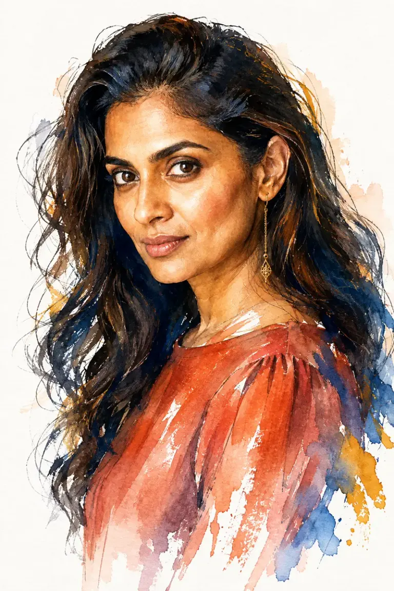 Woman with flowing wavy hair in the Cobalt & Coral style