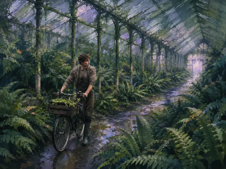 Gardener pushing a bicycle through an old glasshouse in the Moss Corridor style