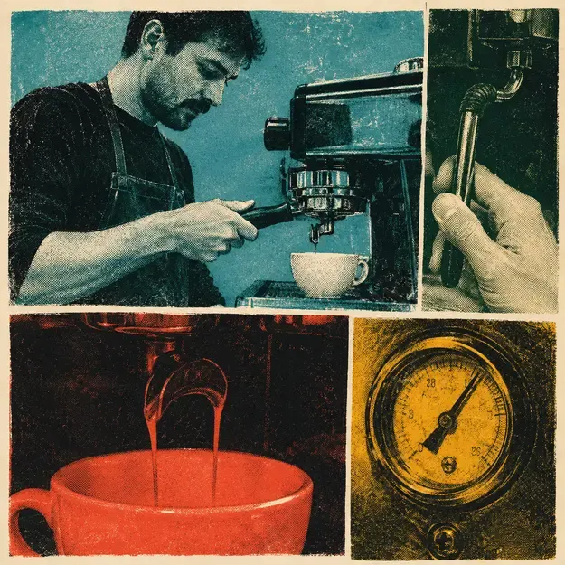 Barista making espresso in the Four Color Noise style