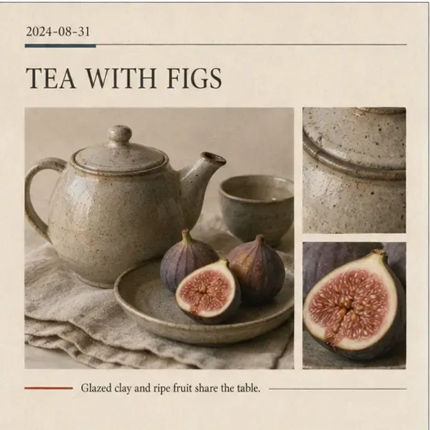Teapot and figs in the Weekend Review style