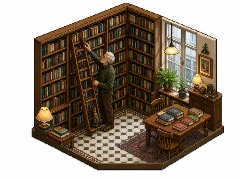Bookseller and cat beside a rolling ladder in the Isometric Save Room style