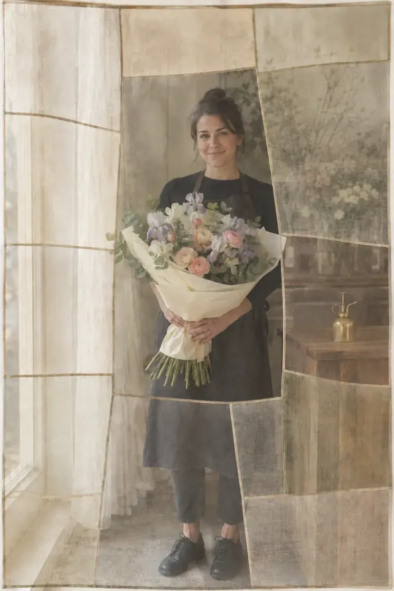 Florist holding a wrapped bouquet in the Bojagi Window style