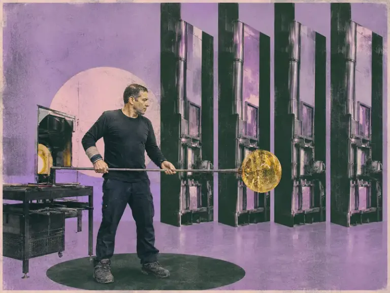 Glassblower holding an amber vessel among furnace flues in the Lavender Scaffold style