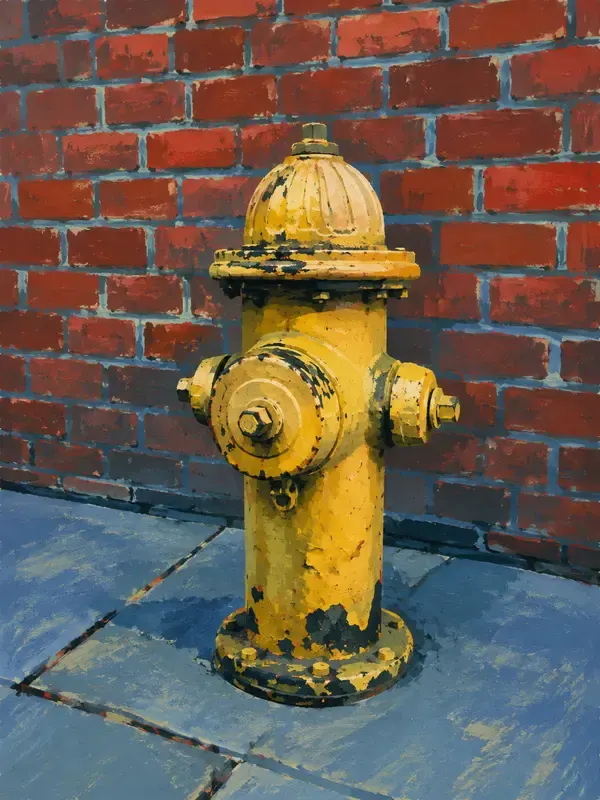 Yellow fire hydrant beside a brick wall in the Cobalt Scumble style