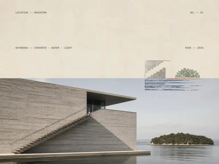 Concrete waterside museum in the contemporary Field Imprint composition