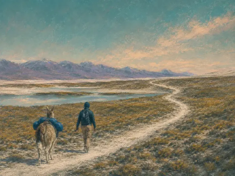 Hiker leading a pack llama across a high plateau in the Petrol Passage style