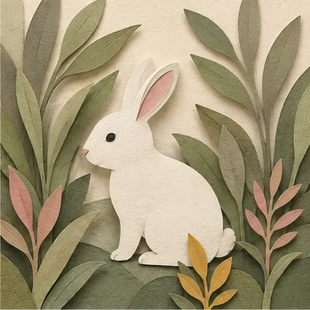 White rabbit among leaves in the Paper Garden style