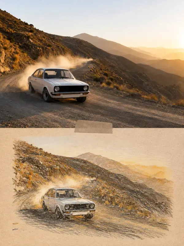 Car on a mountain road in the Crayon Duet style