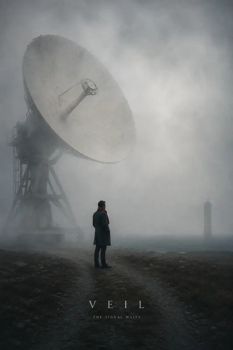Radio dish emerging through fog in the Monumental Quiet style