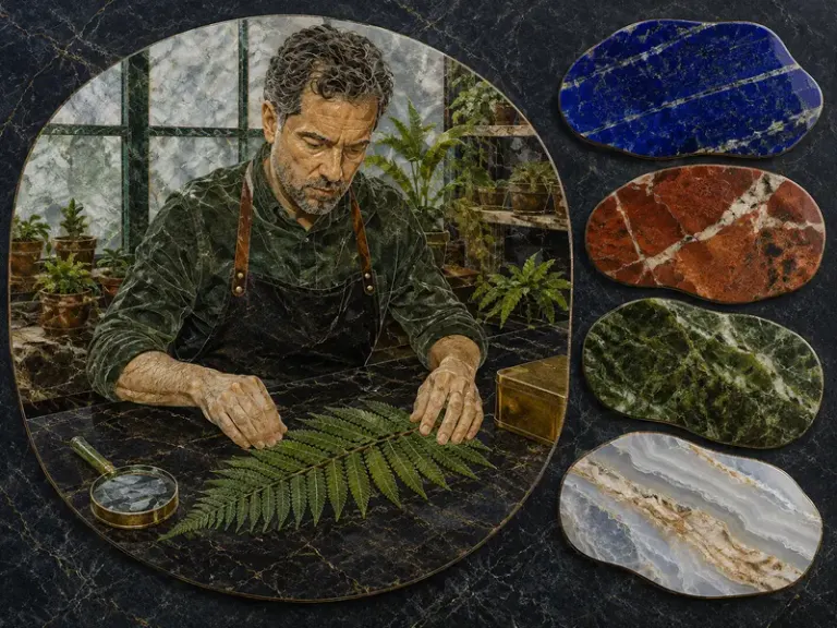 Botanist arranging a fern specimen in the Commesso Cabinet style