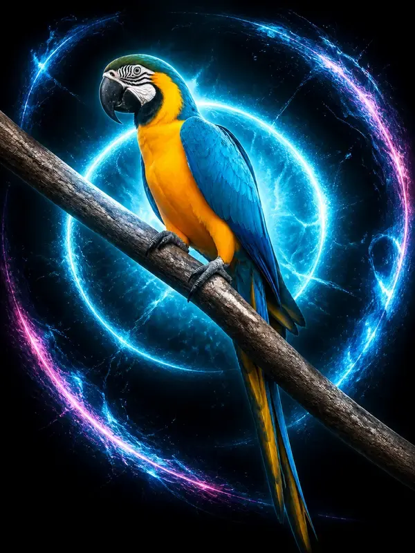 Blue-and-gold macaw on a branch in the Ion Orbit style