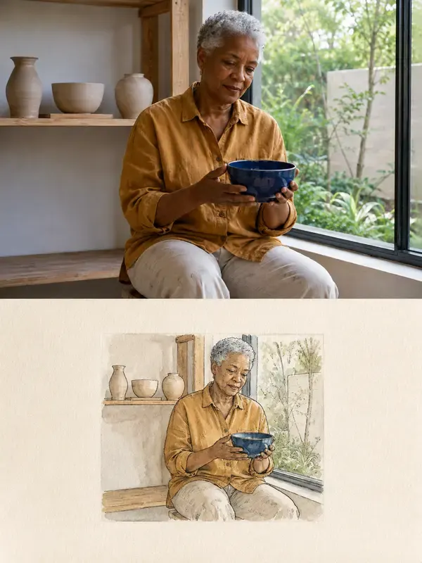 Potter holding a blue bowl in the Pocket Likeness style