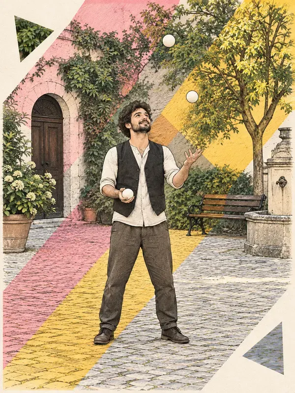 Juggler with three balls in the Prism Tape style