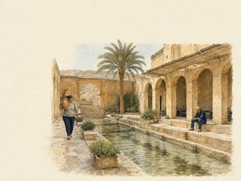 Desert-oasis courtyard and water basin in the Ivory Outlook style