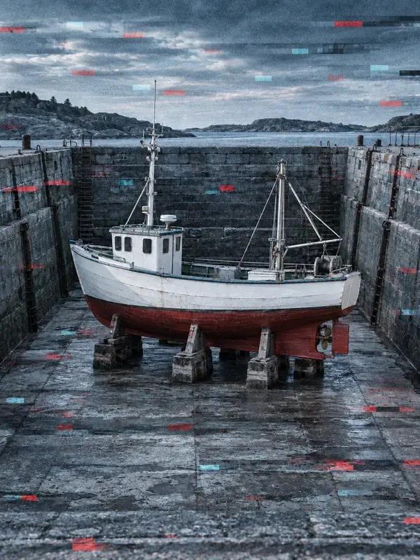 Small boat in a dry dock in the Signal Weather style