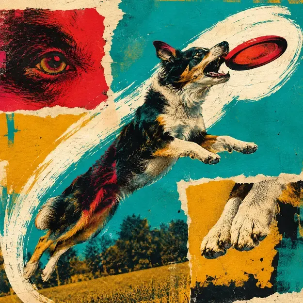 Dog catching a flying disc in the Emblem Print style